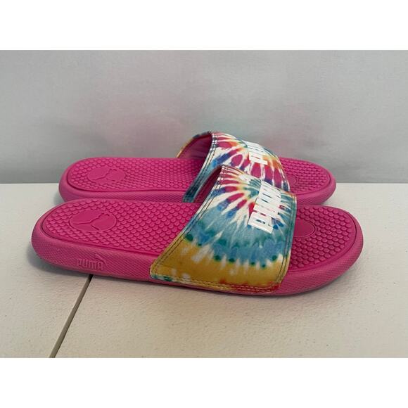 PUMA girls size 2 pink slide tie dye swirl color yellow blue slipper flip flop - Picture 6 of 9